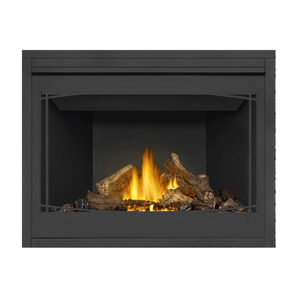 Napoleon direct vent gas fireplace, dark gray surround, front view with burning logs