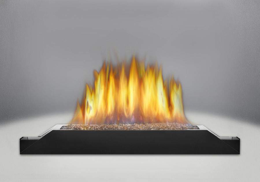 Black fireplace burner assembly with open flames from top tray