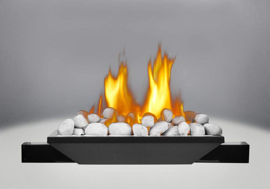 Configured burner assembly with river stone bed and visible flames