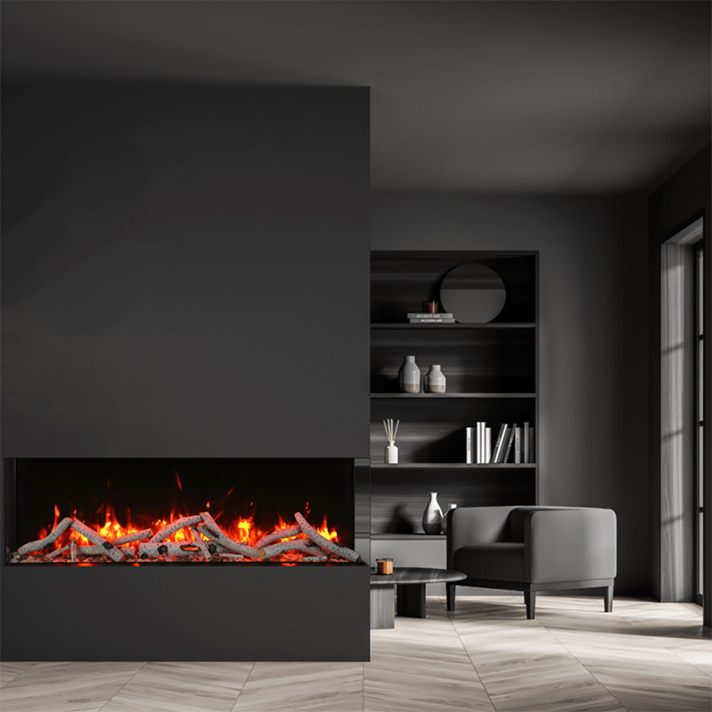 Built-in 3-sided electric fireplace with bright flames and decorative media, black surround