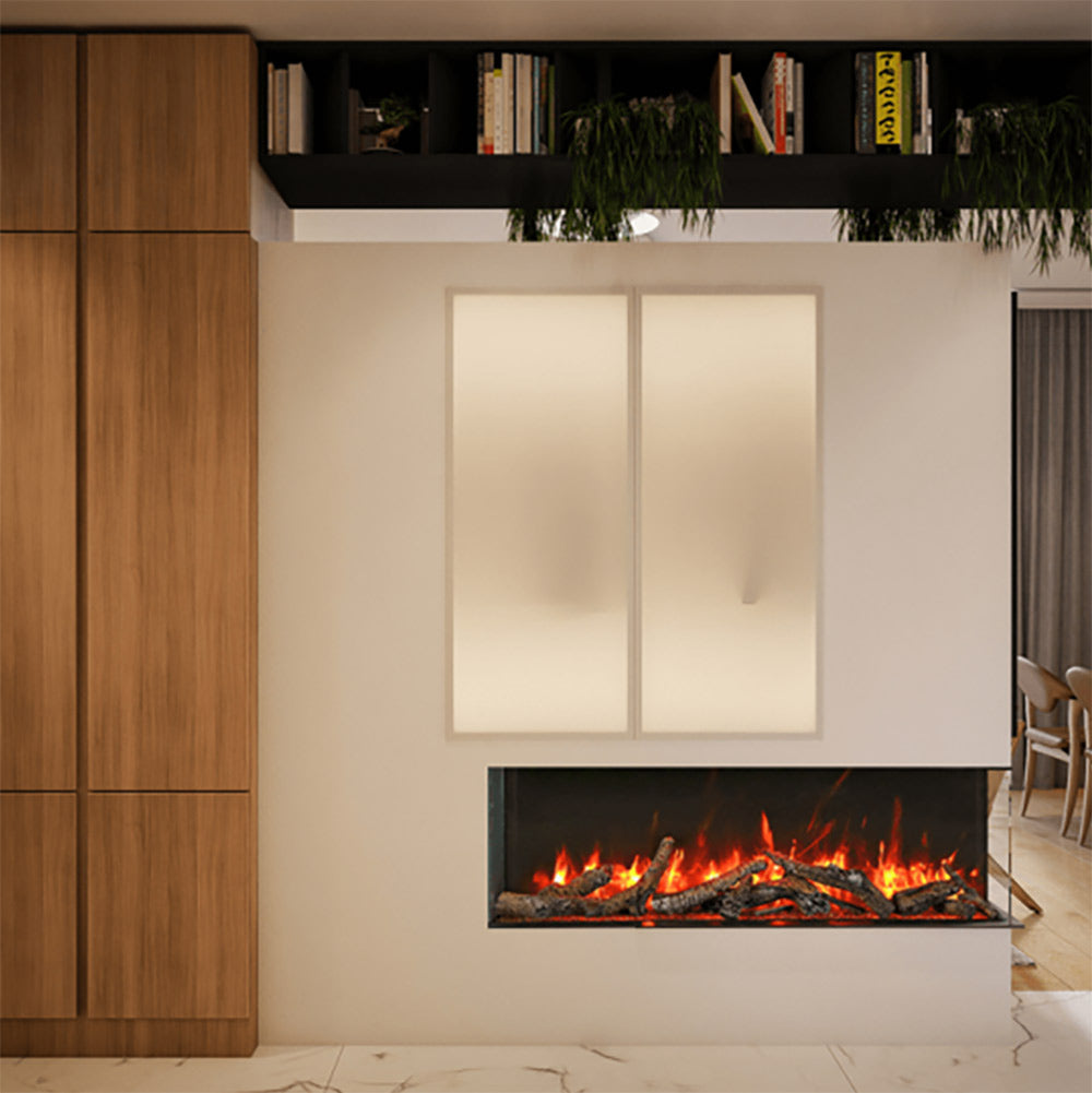 Built-in 3-sided electric fireplace with glowing flames and decorative media, dark trim