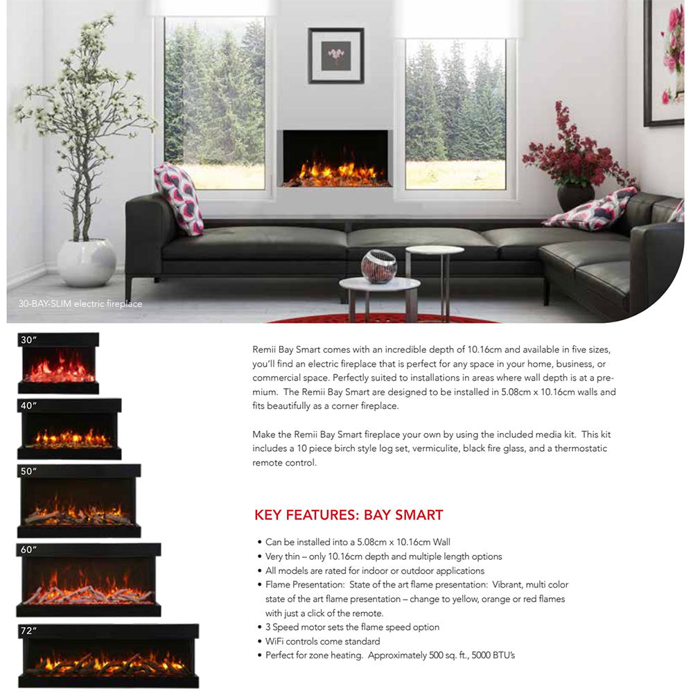 Remii BAY-SLIM Indoor/Outdoor Built-In 3-Sided Electric Fireplace with Decorative Media