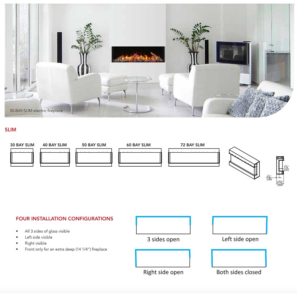Remii BAY-SLIM Indoor/Outdoor Built-In 3-Sided Electric Fireplace with Decorative Media