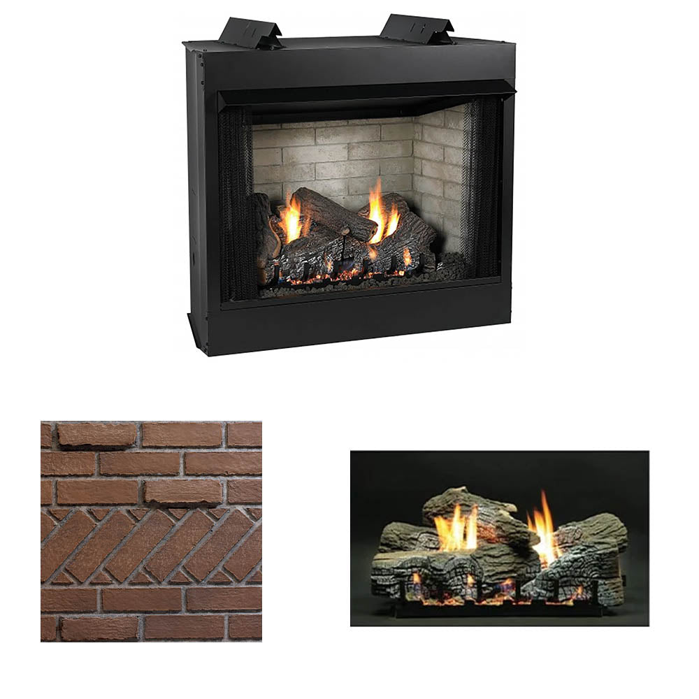 Black ventless gas firebox with glass viewing window and flickering log flames