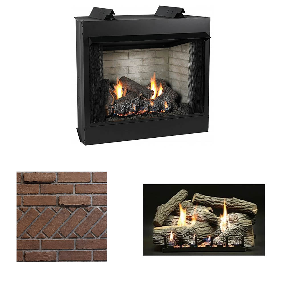 Ventless gas firebox with glowing logs, shown with brick surround and log burner detail