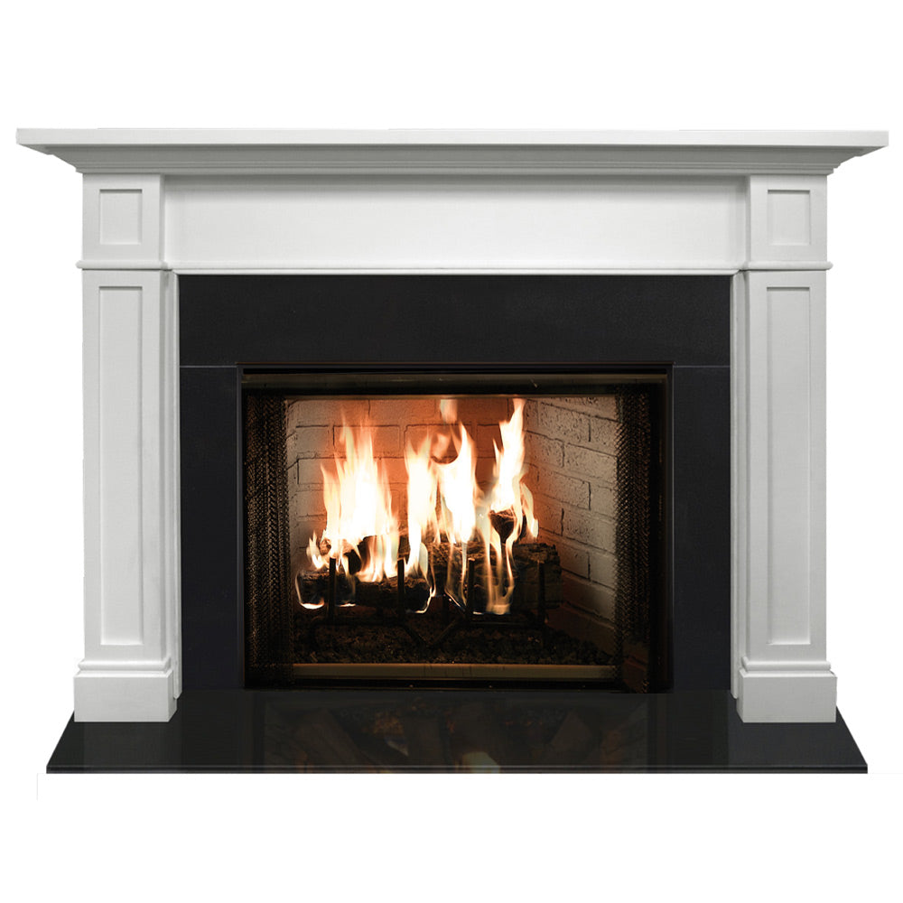 White fireplace mantel with black firebox and wood-burning flames