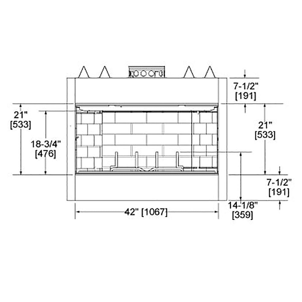 Front elevation diagram of fireplace surround with 42-inch width and height measurements