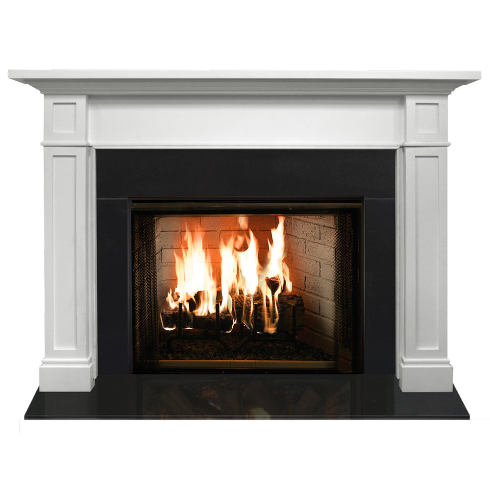 White flush fireplace mantel with lit wood-burning firebox and black surround