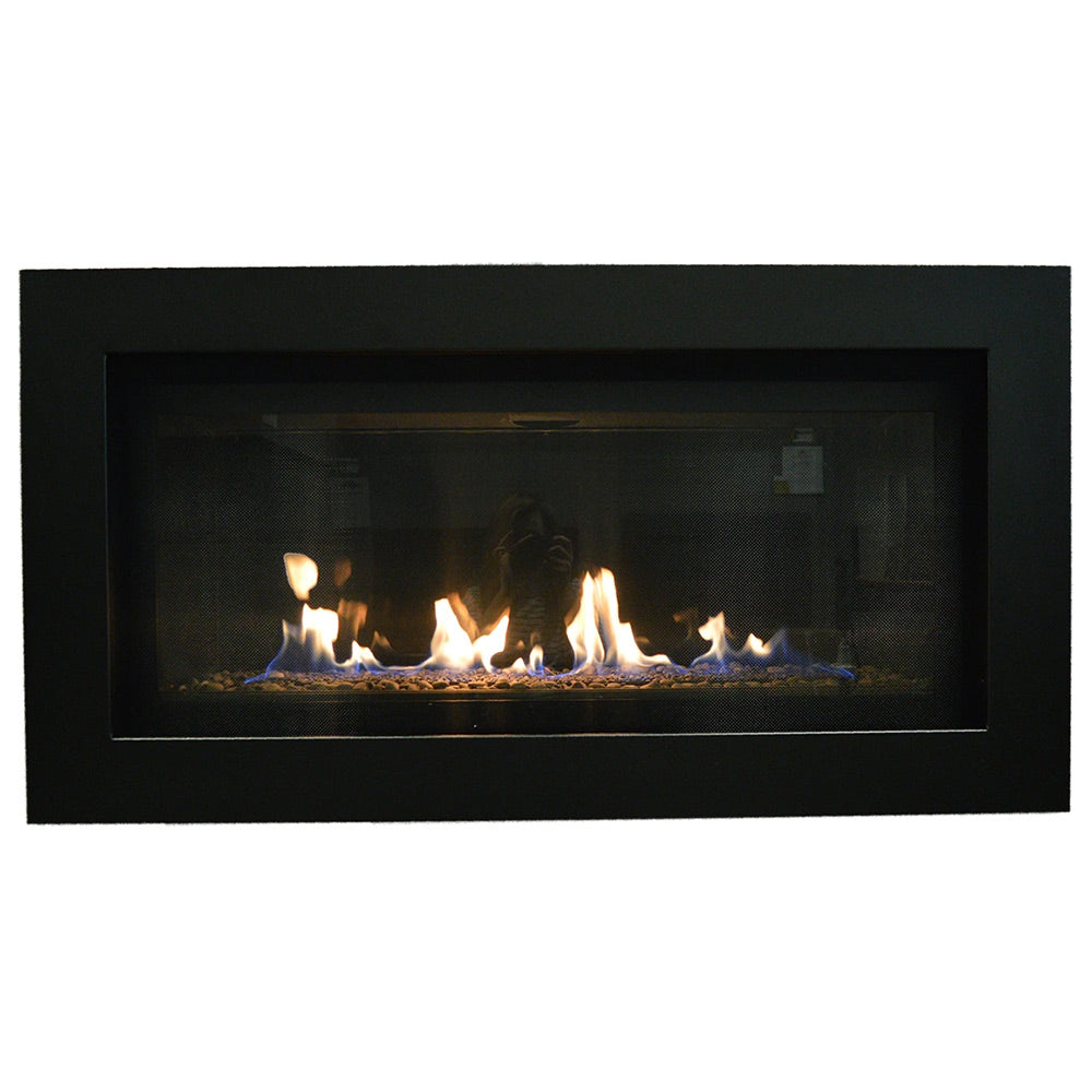 Black linear direct-vent gas fireplace with visible flames over fireglass bed