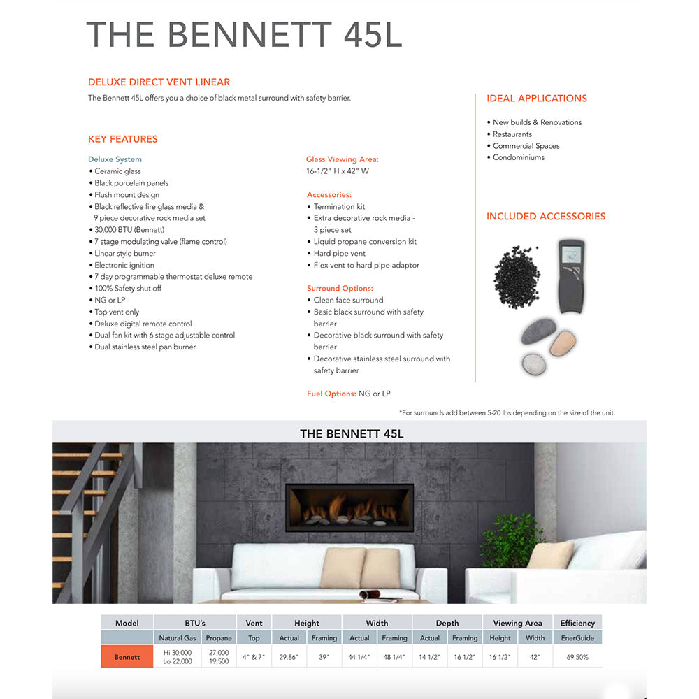 Sierra Flame BENNETT-45 45-Inch Bennett Direct Vent Built-In Linear Gas Fireplace with Fireglass and Rock Media