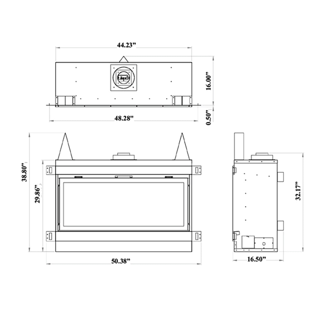45-inch built-in linear gas fireplace with black surround and fireglass/rock media