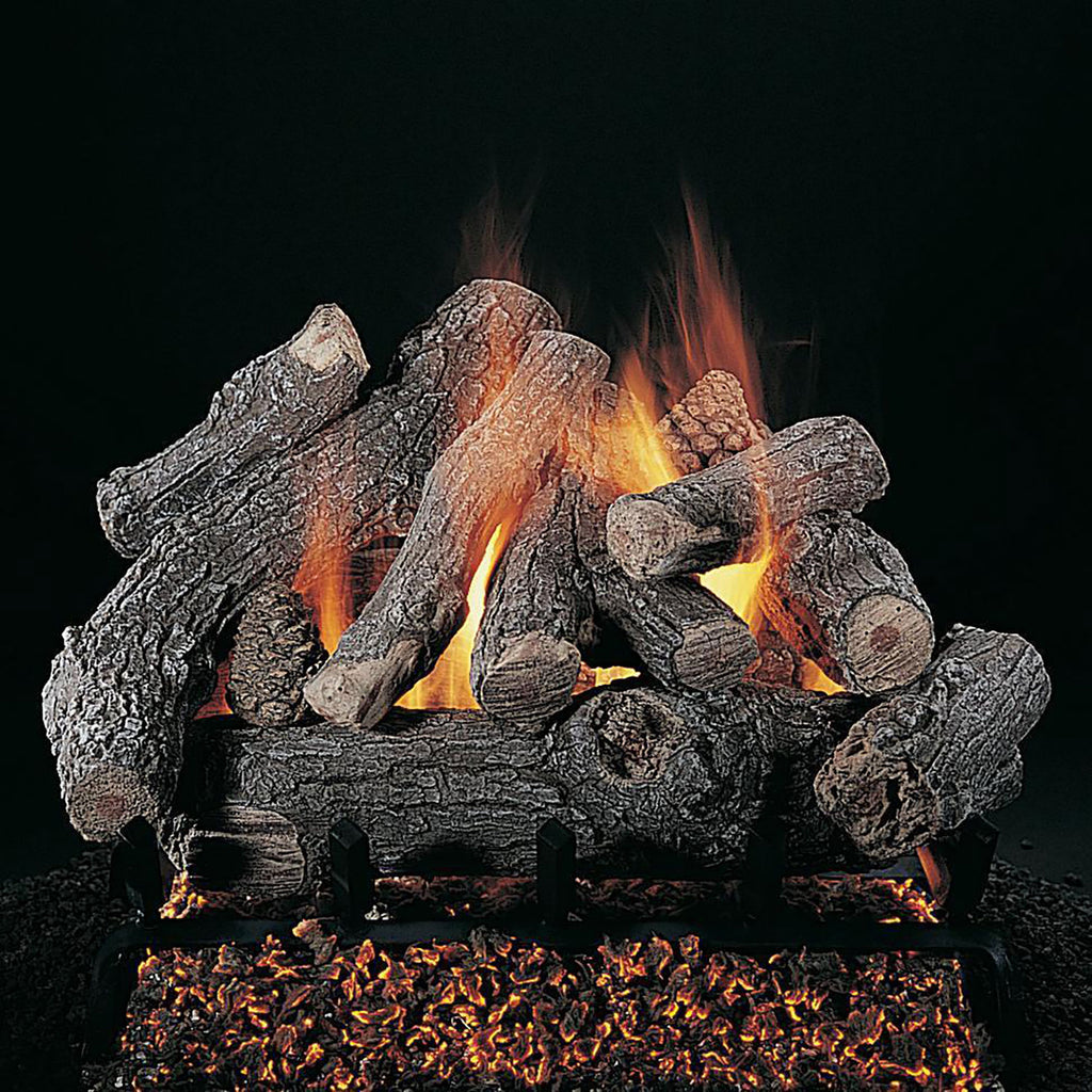 Fireplace log set with dark logs and glowing orange flames inside a black burner grate