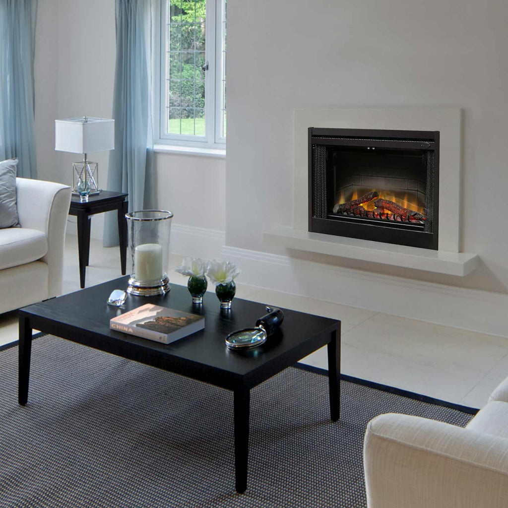 Electric fireplace insert set into a white wall with black frame and flame display
