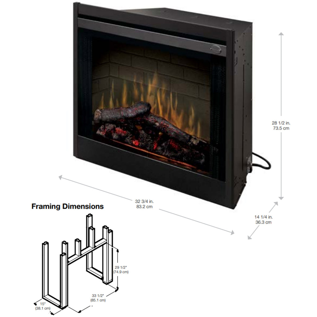 Electric fireplace insert in black with open-front view and size diagram
