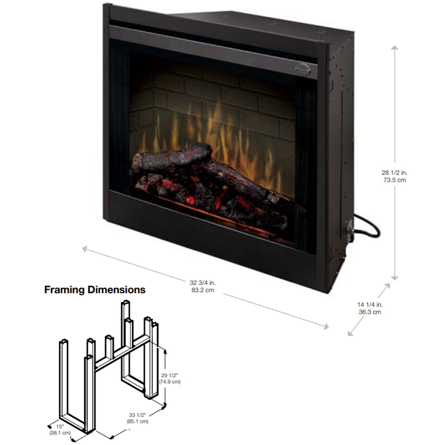 Electric fireplace insert in black with open-front view and size diagram