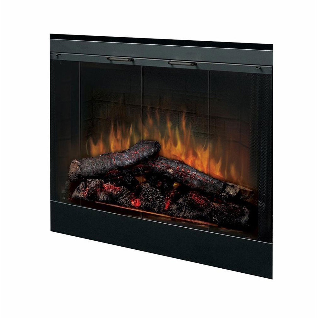 Built-in electric fireplace insert with dark glass front and realistic flame log bed