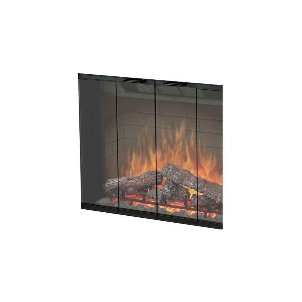 Multi-panel glass firebox door with dark frame, flames visible