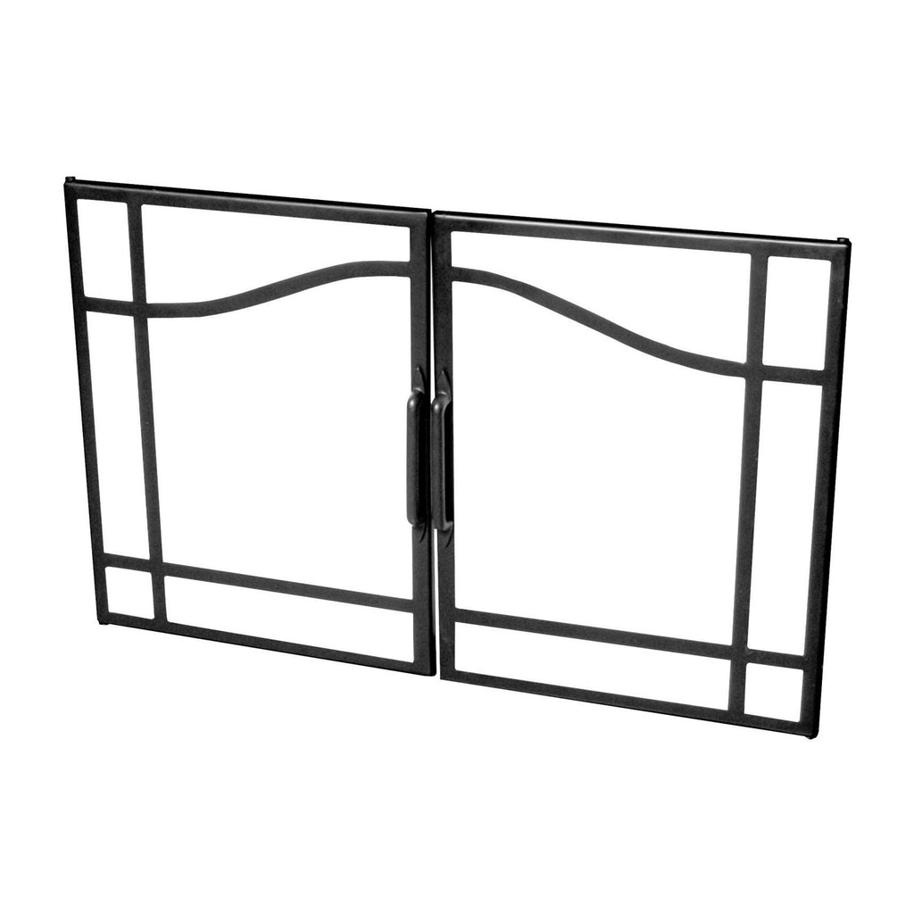 Black hinged glass fireplace door frame, open