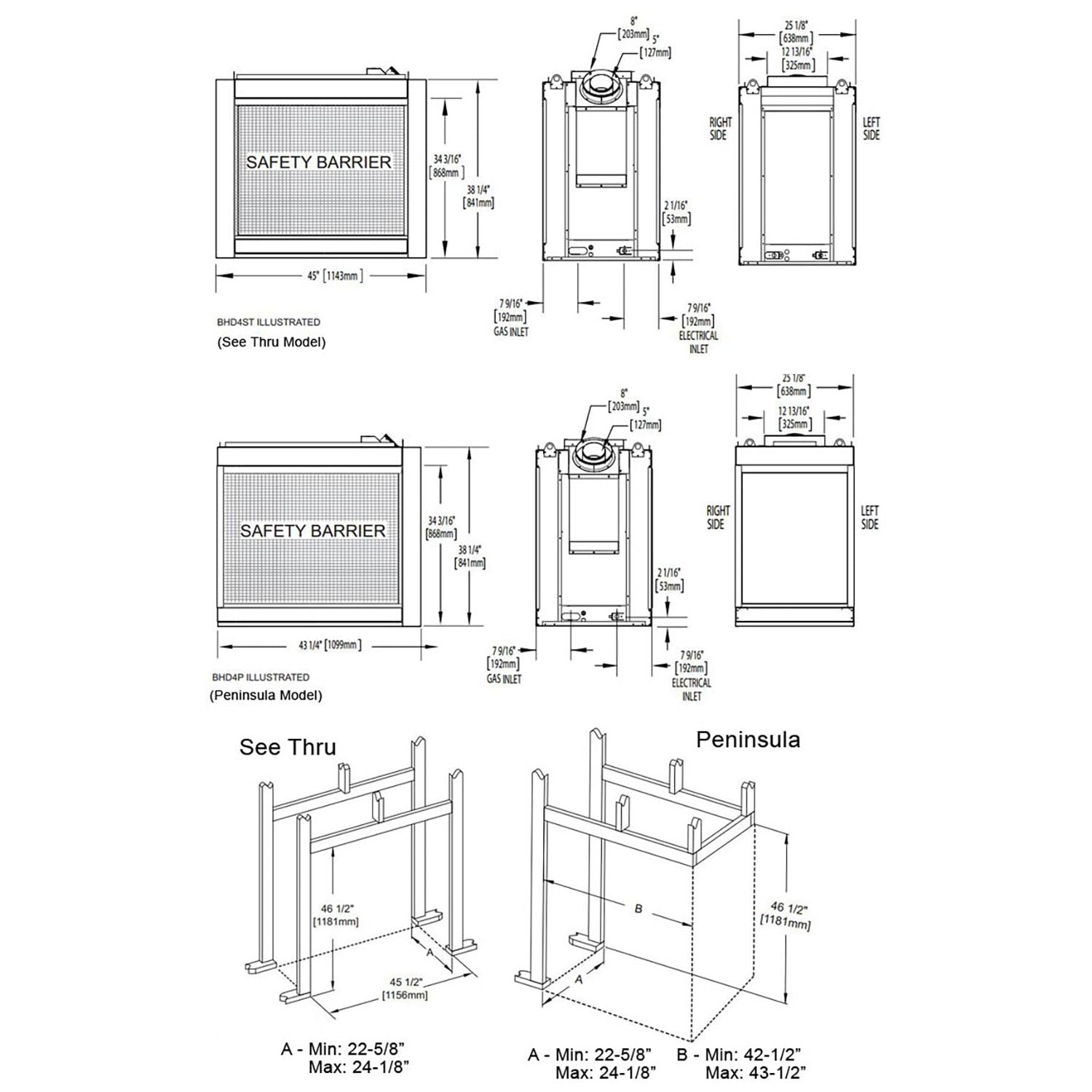 Gas fireplace installation diagram with safety barrier and side-view measurements