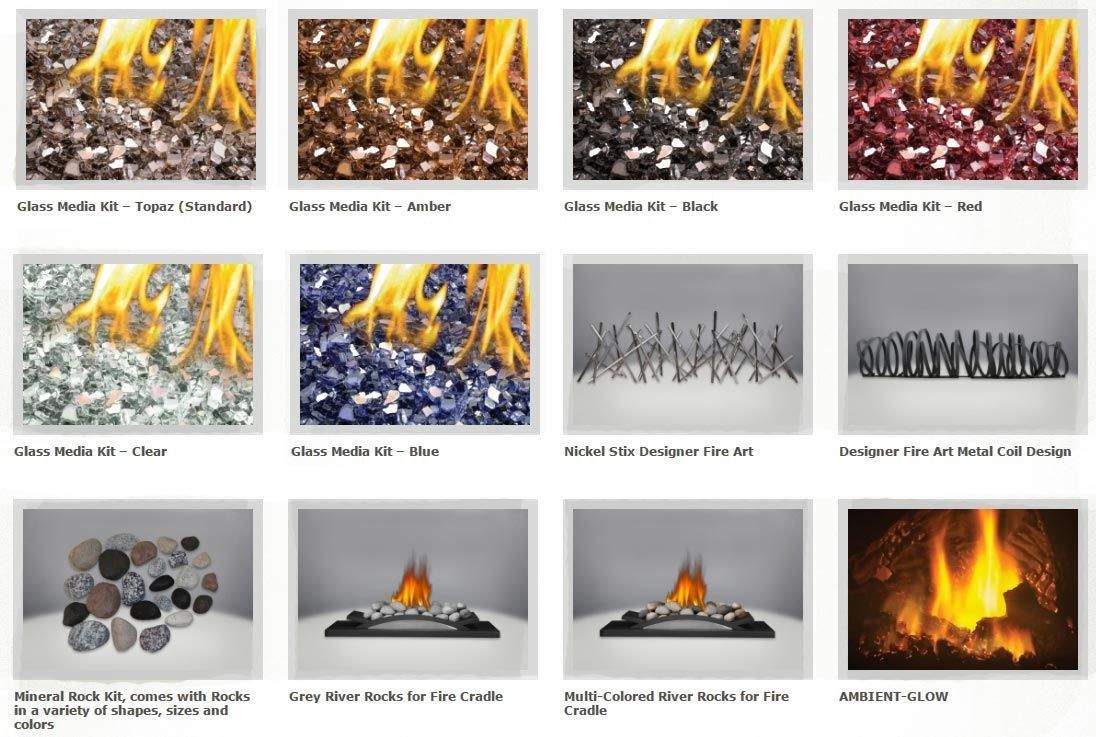 Gas fireplace media options shown as glass and rock bed color swatches