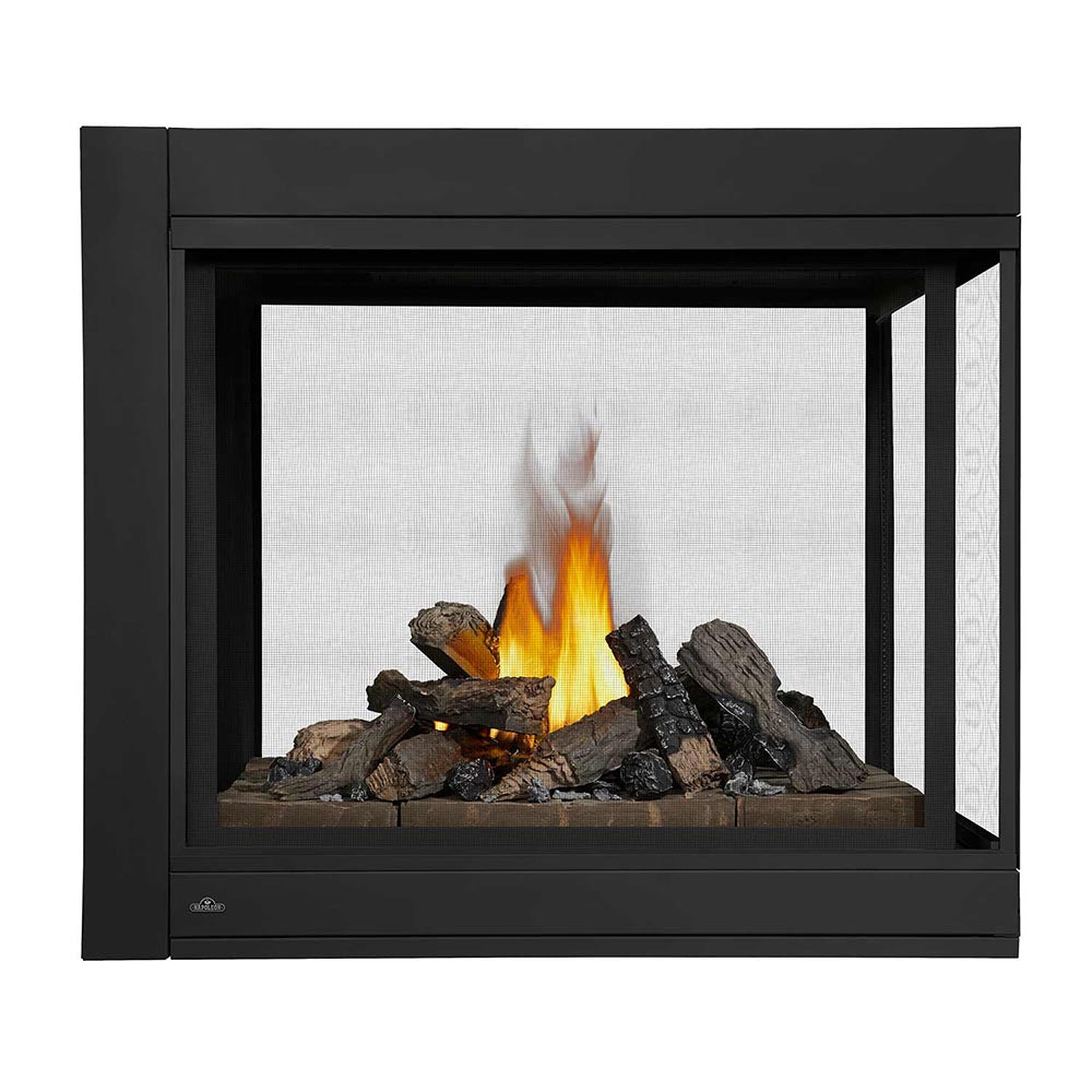 Black direct vent gas fireplace insert with burning logs, glass bed view