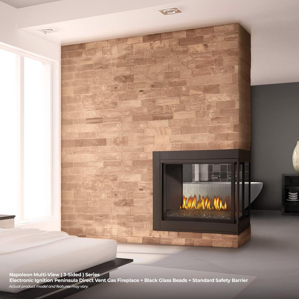 Black corner direct vent gas fireplace with glass bed flame in dark frame