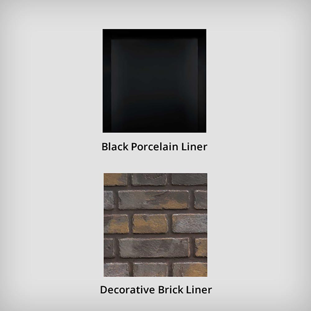 Black porcelain and decorative brick liner samples for a direct-vent gas fireplace
