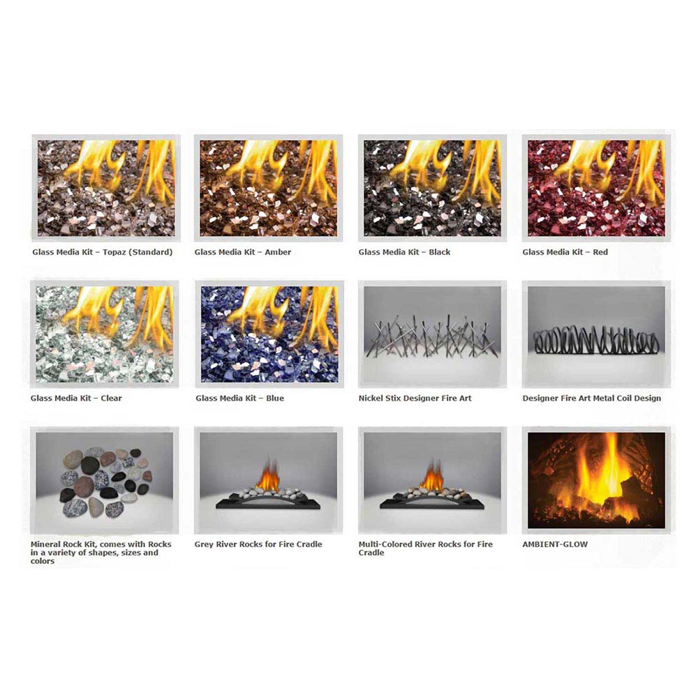 Fire media sample chart showing colored glass, rocks, and flame effects