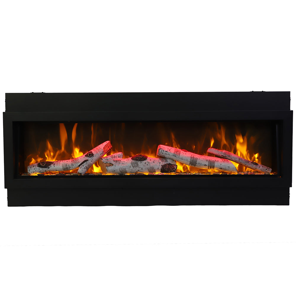 Built-in electric fireplace with black surround and flame display with logs