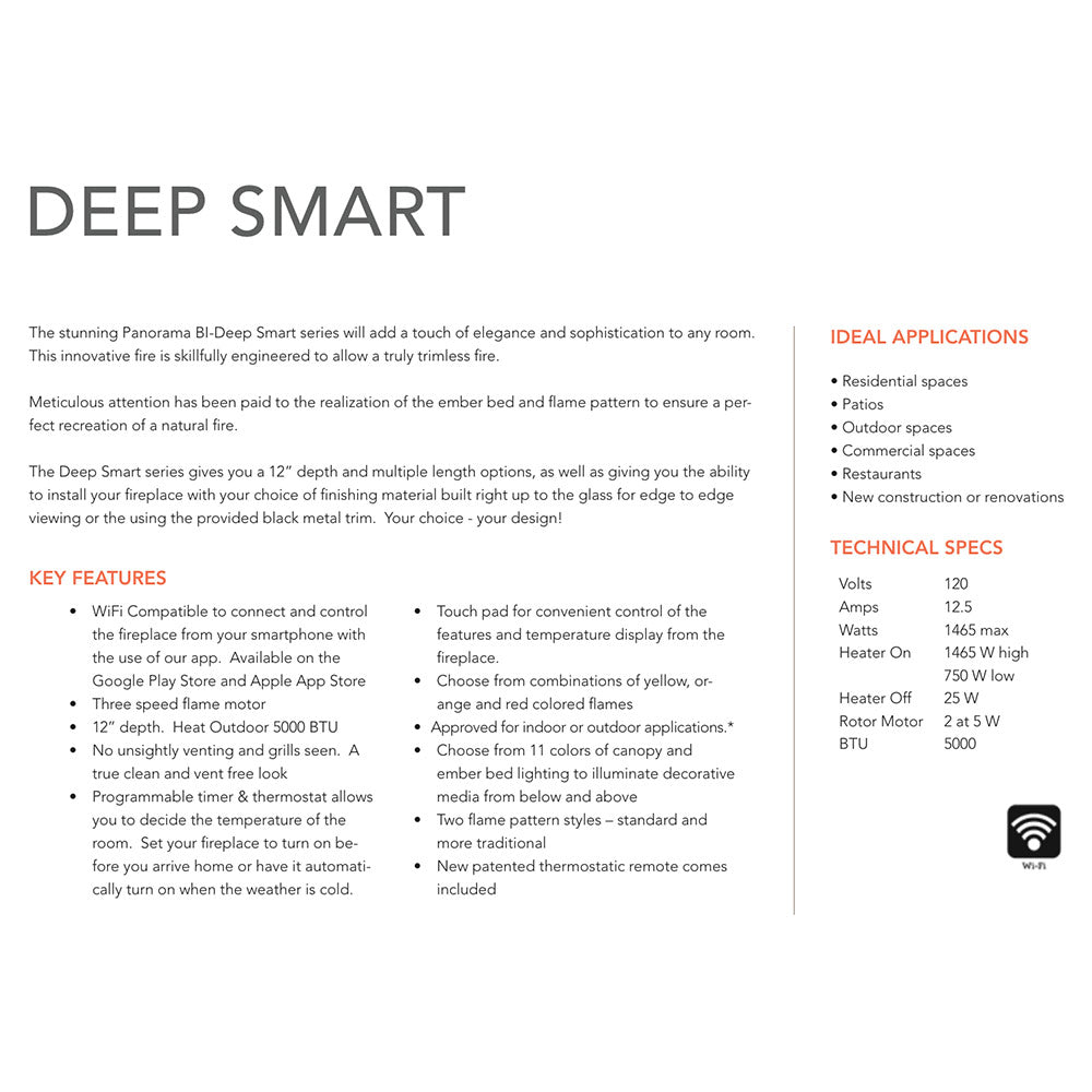 Panorama DEEP Smart fireplace brochure page with key features and technical specs
