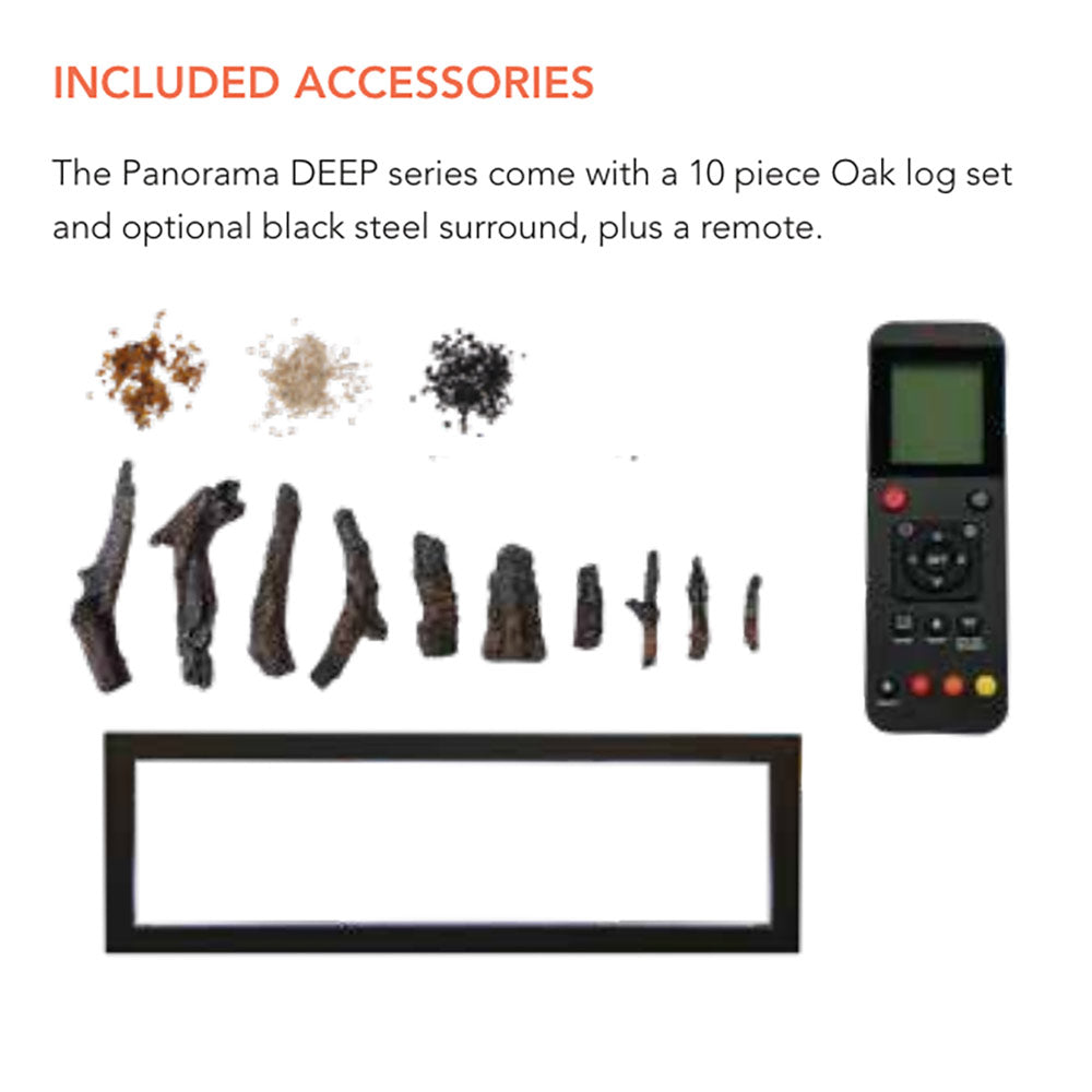 Included accessories diagram for Panorama DEEP Smart fireplace with remote and log set