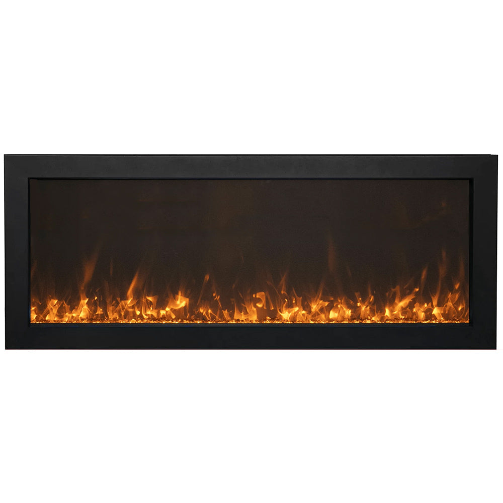 Built-in slim electric fireplace with black surround and glowing flame effect