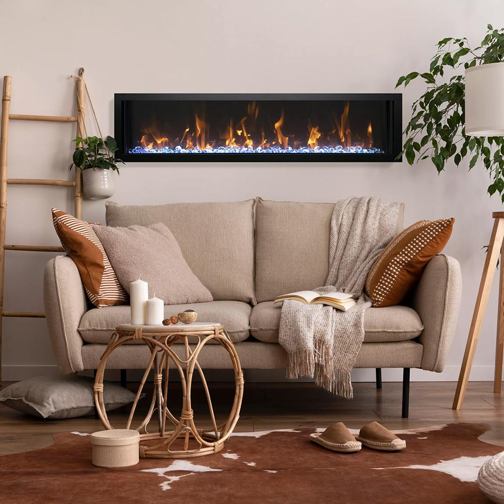 Wall-mounted slim electric fireplace with black frame and bright flame display