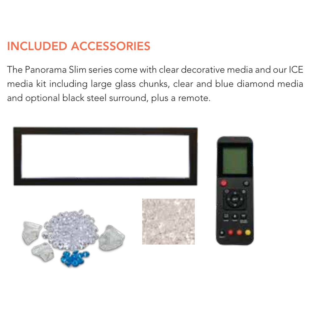 Accessories diagram for slim electric fireplace: media kit, black surround, remote control
