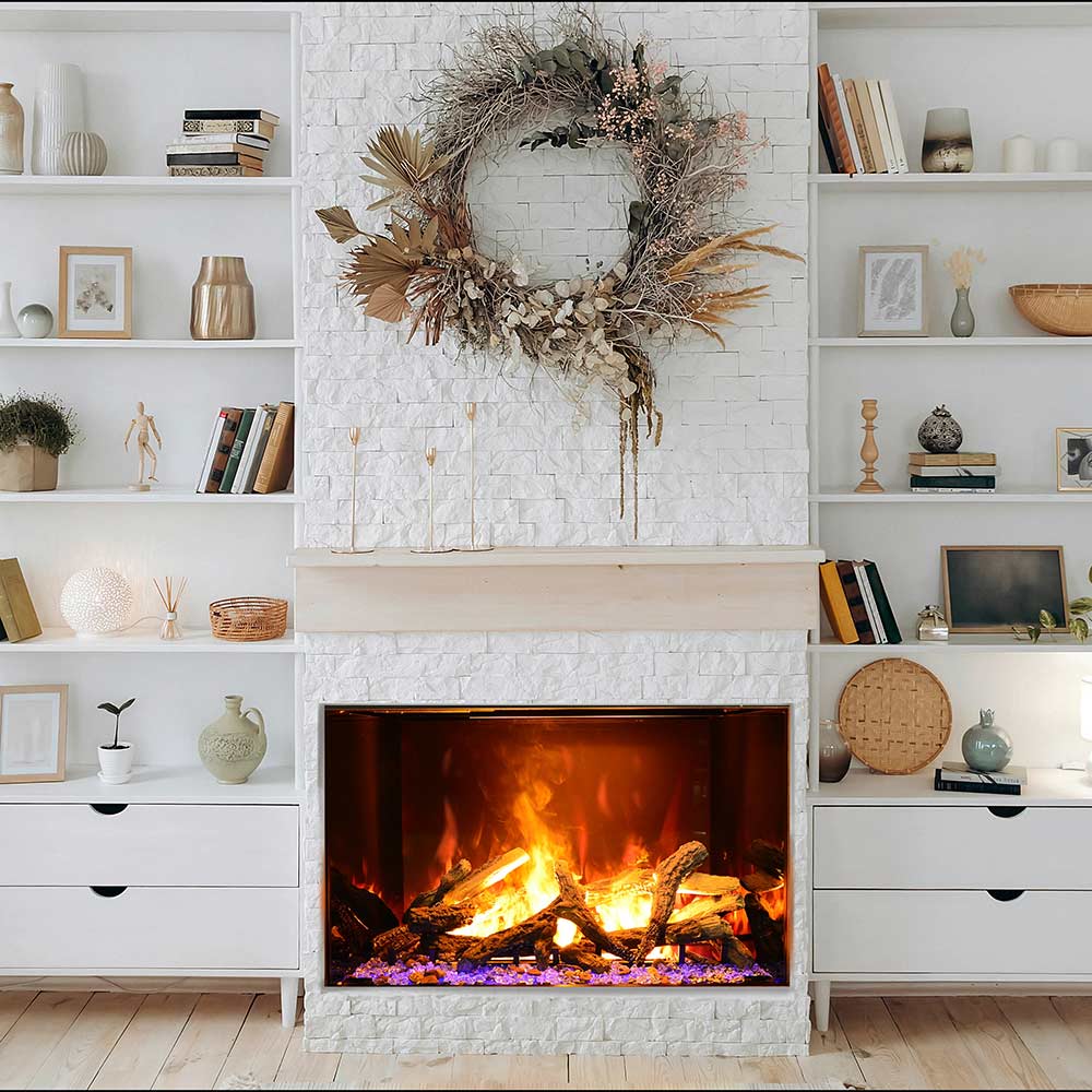 Electric vapour fireplace in a stone surround with burning logs and glowing embers