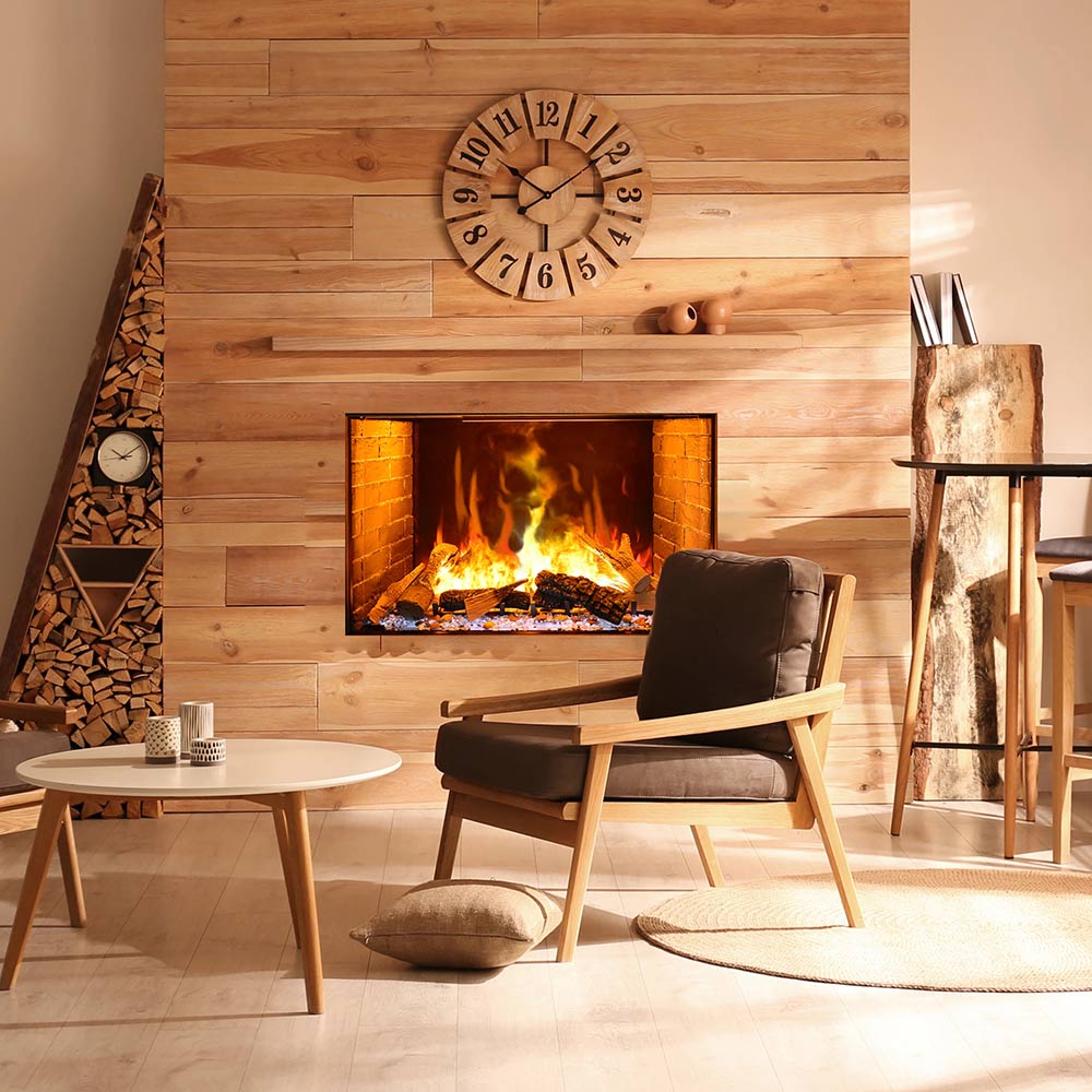 Wall-mounted electric vapour fireplace with glowing embers and realistic flame effect