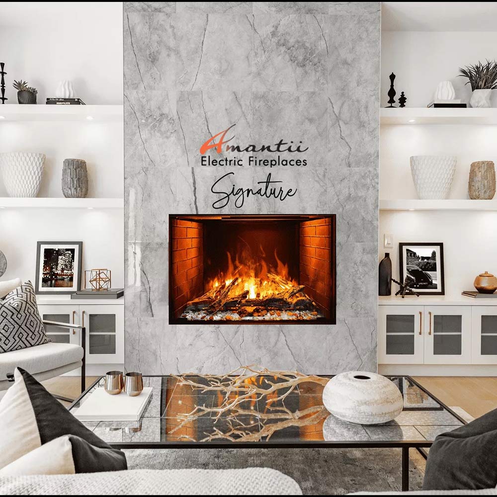 Amantii Signature electric fireplace with marble-look surround and flame display