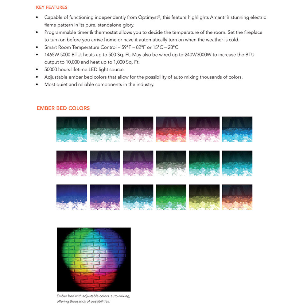 Electric vapour fireplace ember bed color swatches showing multiple flame hues