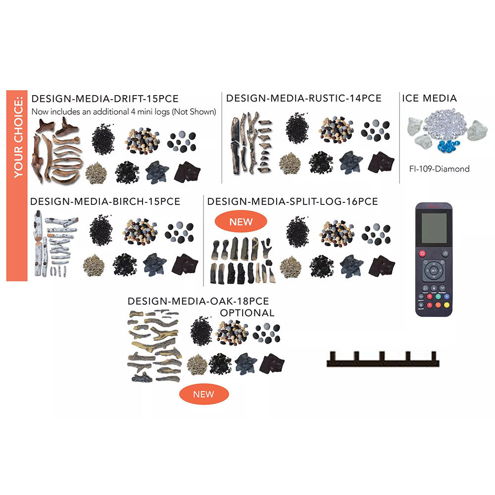 Brochure diagram of design media options with remote control and pattern swatches