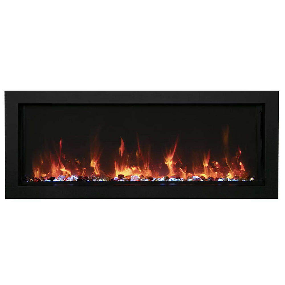 Slim built-in electric fireplace, black frame with bright flame and ember bed