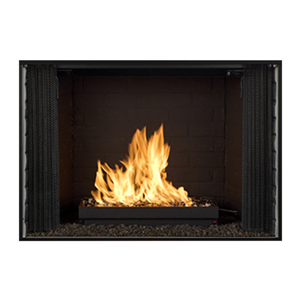 36-inch wood-burning fireplace insert with black mesh-style surround and flames