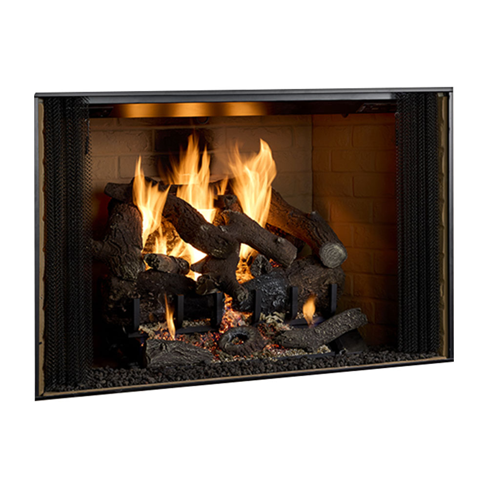 Wood burning fireplace insert with black mesh screen, flames, and visible logs