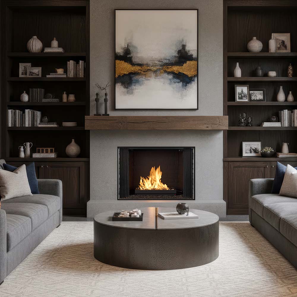 36-inch wood-burning fireplace insert with black frame and textured surround