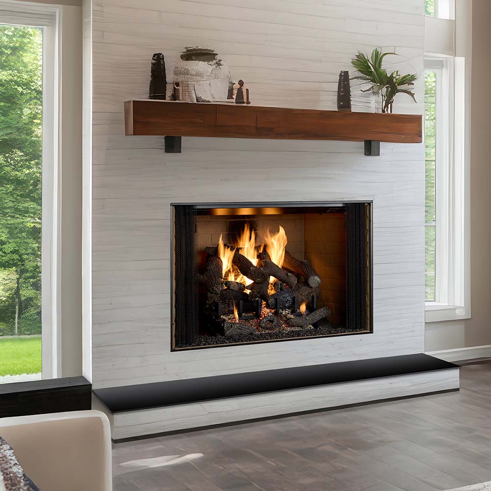 36-inch wood-burning fireplace insert with black firebox and stone surround