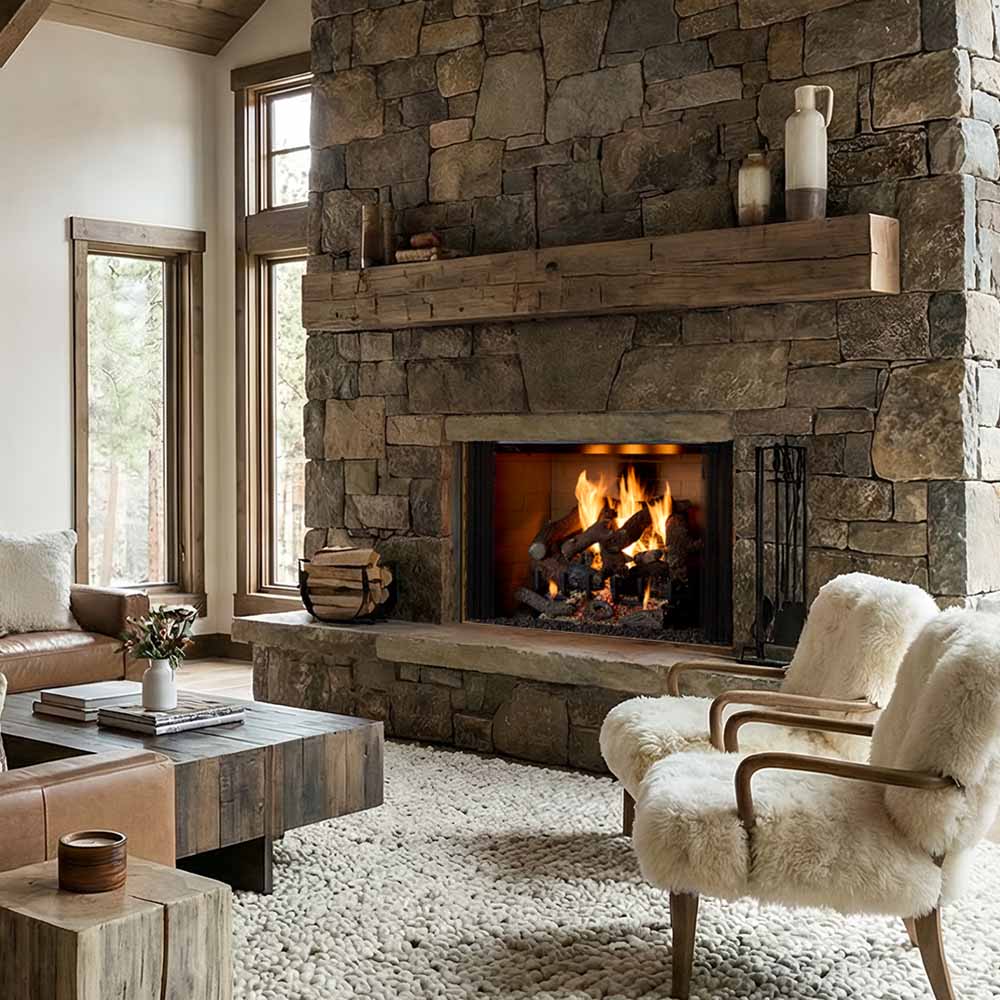 36-inch wood-burning fireplace with stone surround and burning logs