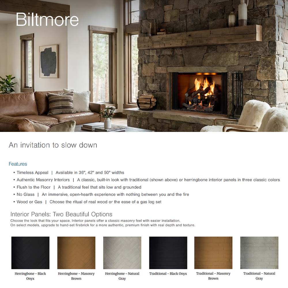 Wood-burning fireplace with stone surround and open fire in a dark firebox