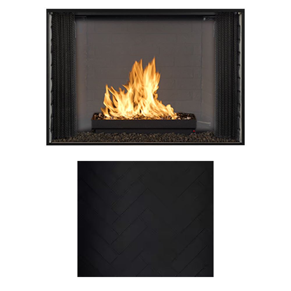 36-inch wood-burning fireplace insert with dark chevron-style panel surround