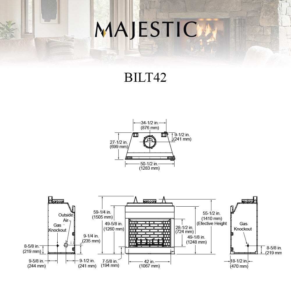 42-inch wood-burning fireplace insert shown in dimensioned diagram, front and side views