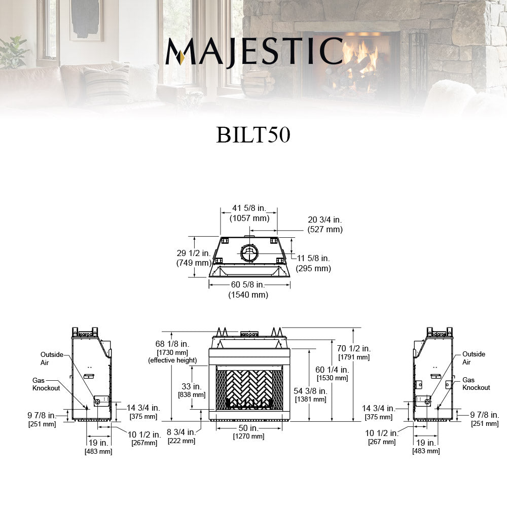 50-inch wood-burning fireplace technical layout diagram with dimensions and airflow inlets