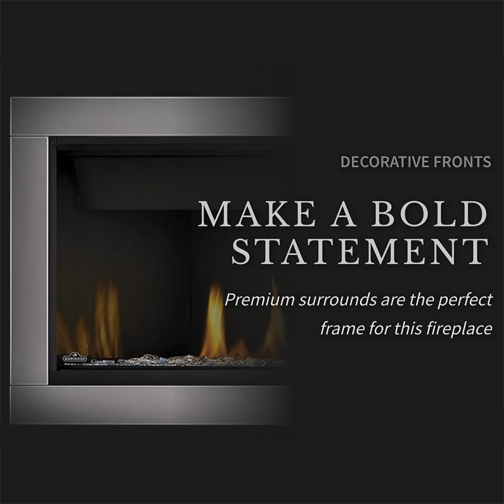 Black fireplace surround with glowing flames behind a glass-front insert